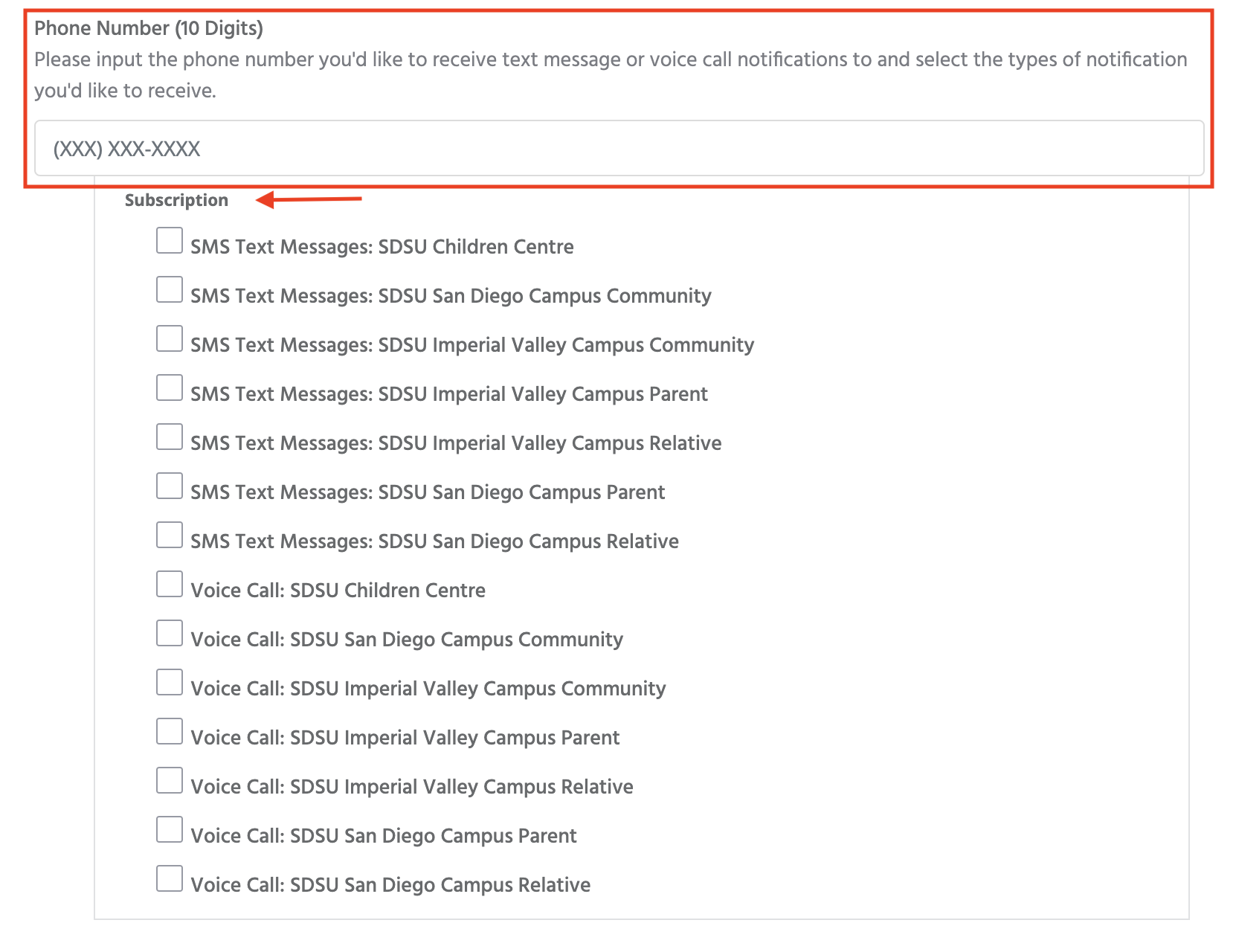 Phone number field and subscriptions groups